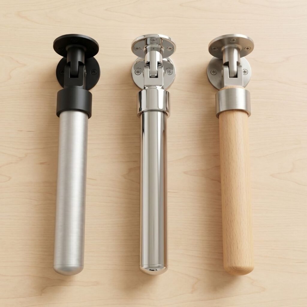 Three different hallway handrail materials displayed side by side — aluminum, stainless steel, and wood — showing finish variation