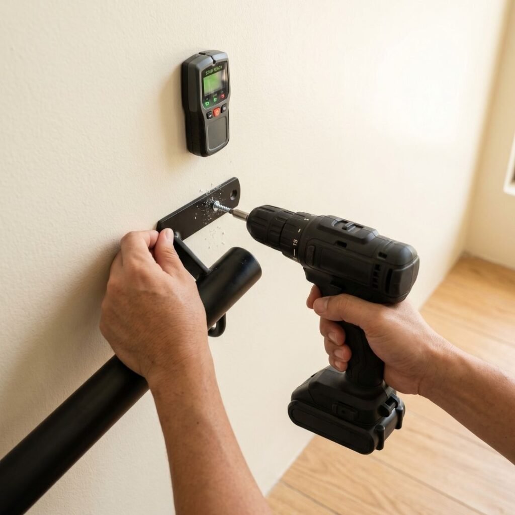 Hands installing a wall mount bracket for a hallway handrail using a stud finder and electric drill