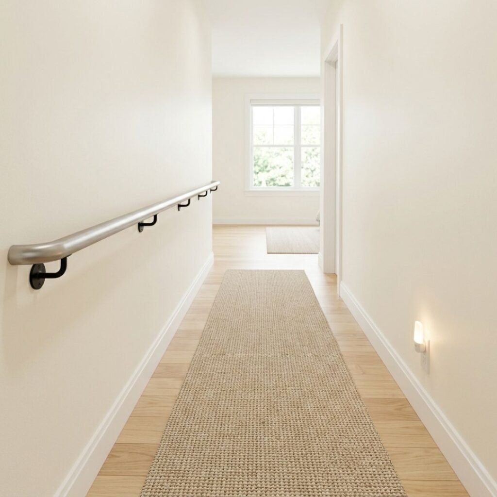  Senior-safe hallway with a wall mounted handrail, a non-slip runner rug, and a motion-sensor night light visible at the baseboard