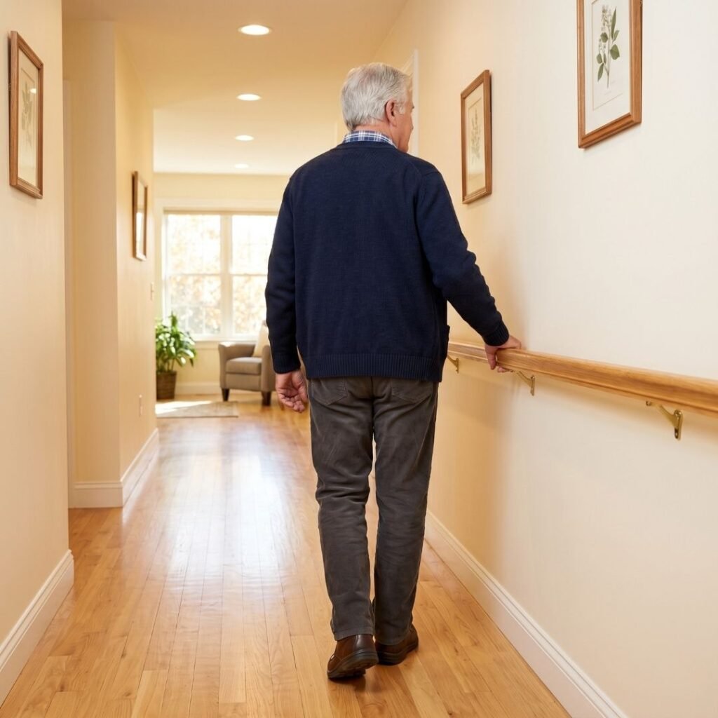 Senior man using a wall-mounted hallway handrail for steady support while walking confidently through his home
