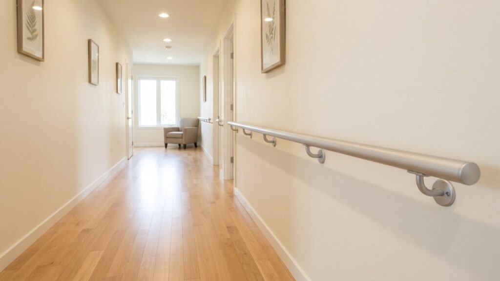 Handrails for indoor hallways installed along a long residential corridor providing continuous wall-mounted support for senior walking safety
