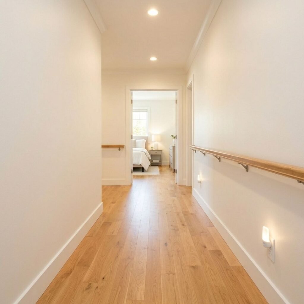  Residential hallway with motion-sensor nightlight, clear pathway, and no loose rugs