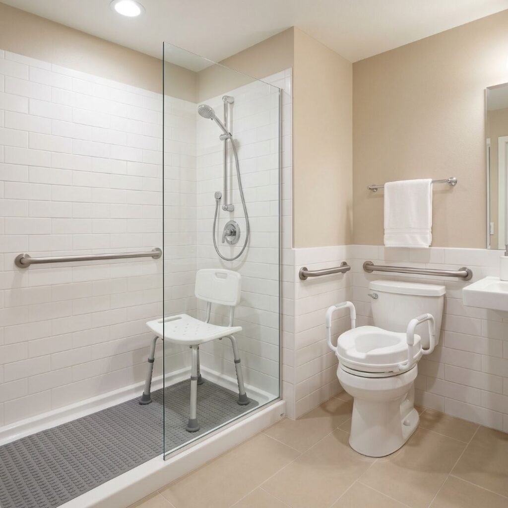 Senior-friendly bathroom with grab bars, shower chair, raised toilet seat, and non-slip mat
