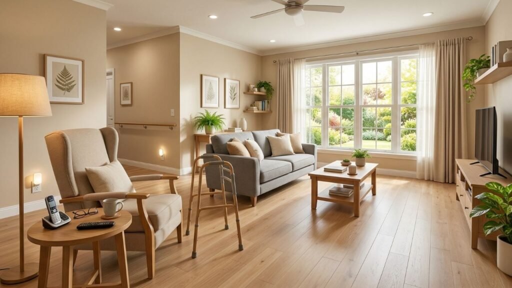 Well-lit senior-friendly living room with clear pathways and grab bars illustrating home safety for seniors