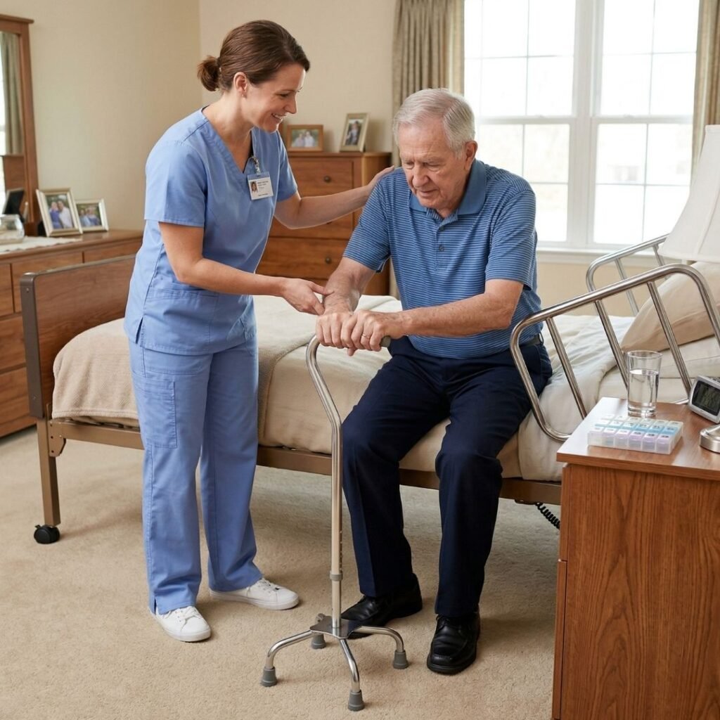 Physical Therapist Helping Senior Use a Cane After Surgery Senior man using a quad cane with physical therapist assistance during post-surgery recovery