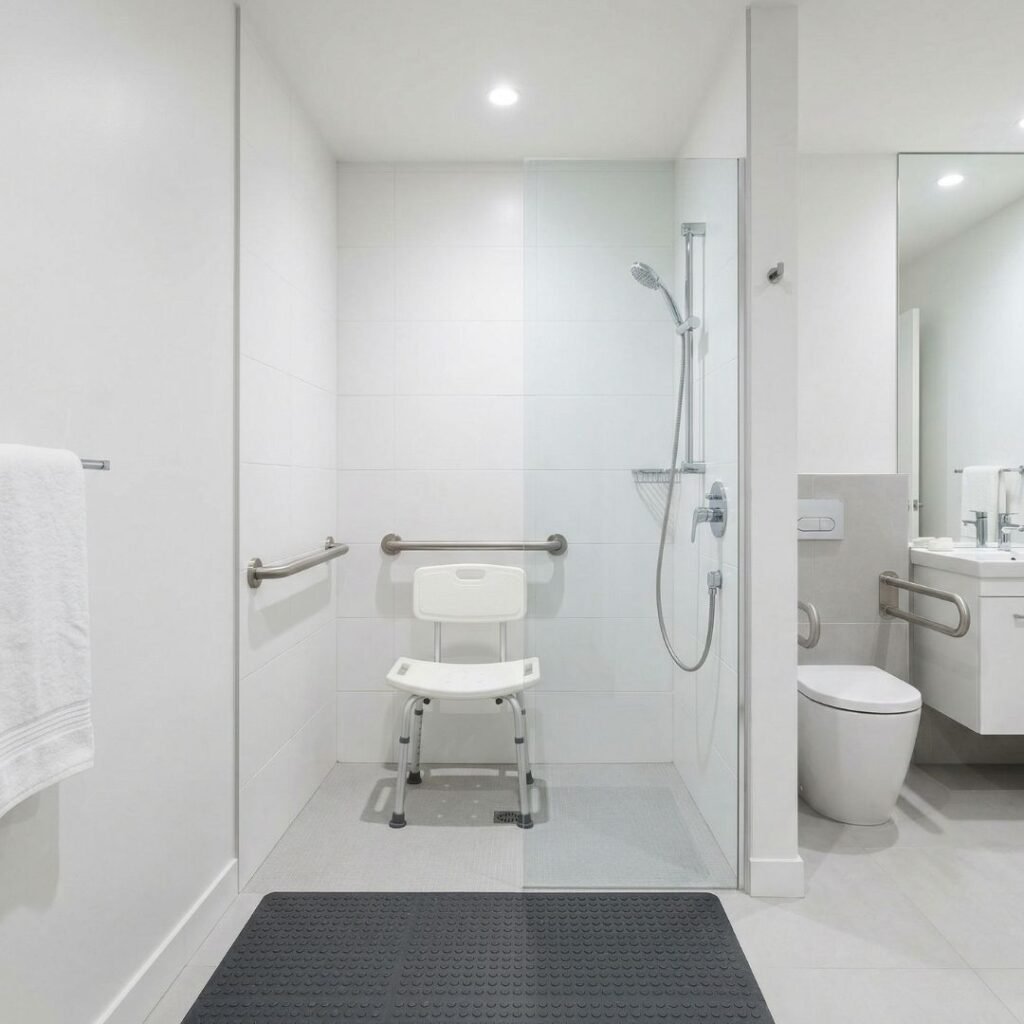 Senior-Friendly Bathroom Equipped with Safety Aids Accessible bathroom with shower chair and grab bars for senior post-surgery safety