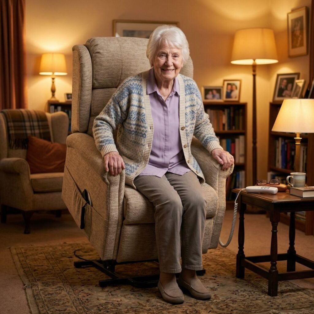 Power Lift Chair Helping Senior Stand Independently Senior woman using a power lift chair to stand up safely after surgery