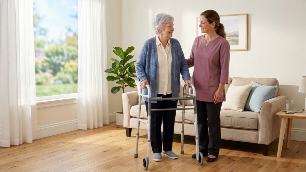 Senior woman using a mobility aids for seniors to walk safely in her living room during post-surgery recovery