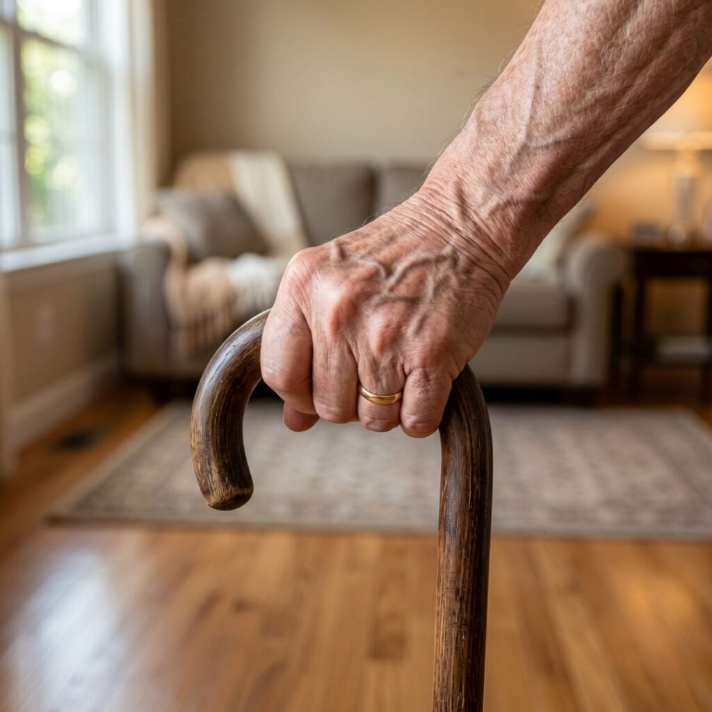 Senior’s hand gripping a cane tightly with visible strain, showing overuse of a single-point mobility aid