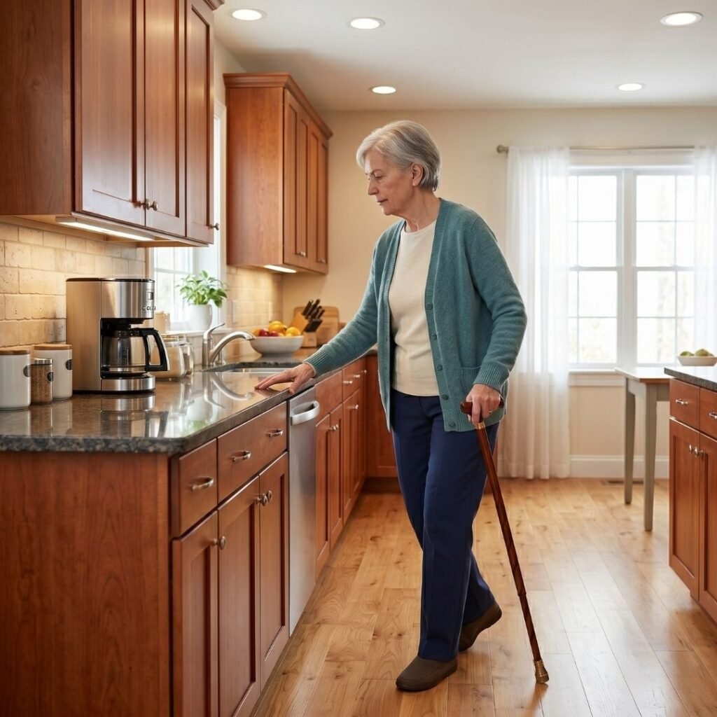Senior using kitchen counter for balance while walking, an example of furniture surfing