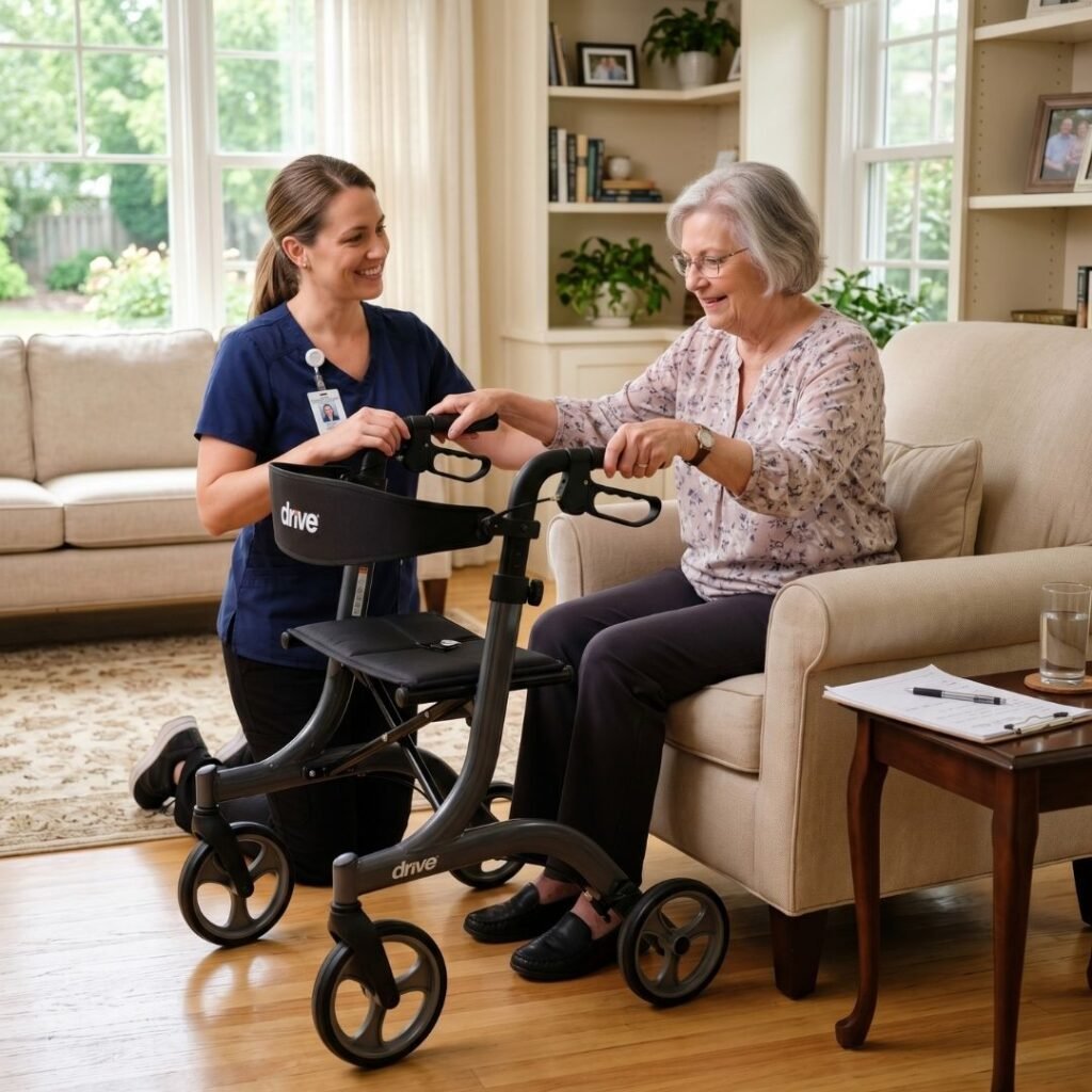 Physical therapist demonstrating proper walker use to a seated older adult during a home assessment