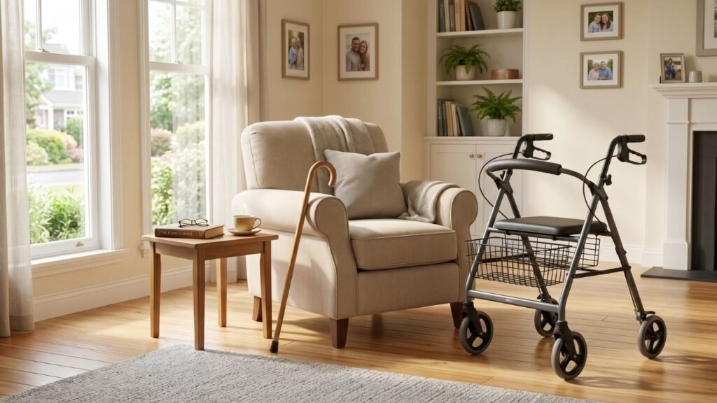 Quiet living room showing signs a senior needs a walker, with a cane resting against a chair beside a folded rollator
