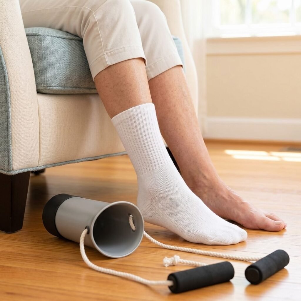 Senior seated in an armchair wearing a freshly-pulled-up white sock with an empty grey sock aid cradle and rope handles on the hardwood floor showing how seniors can dress without bending forward