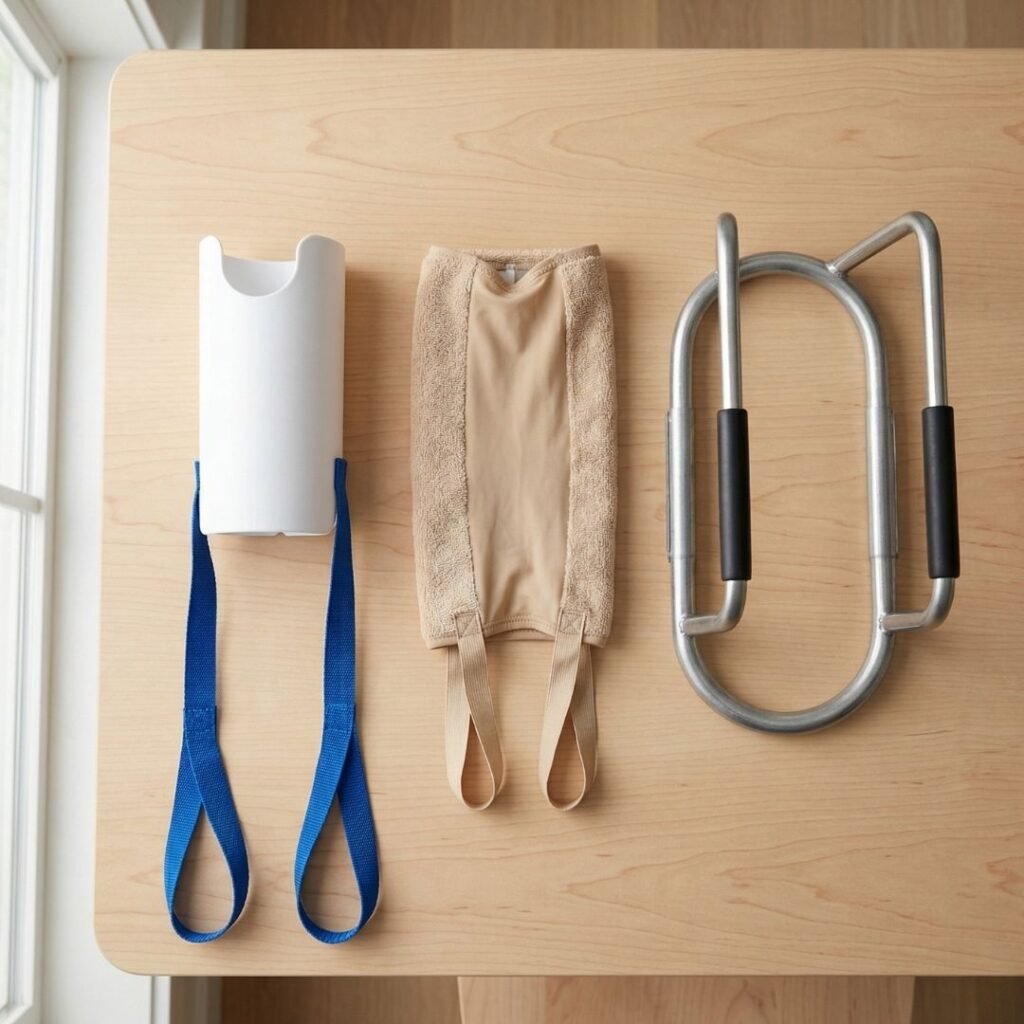  Three different types of sock aids for seniors lined up on a wooden table including rigid, flexible, and stocking donner styles 