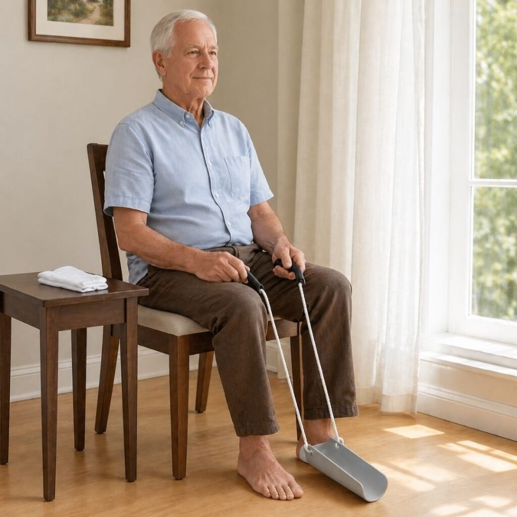 Senior man seated fully upright in a sturdy wooden dining chair holding the foam grips of a sock aid for seniors with an empty grey plastic cradle resting on the hardwood floor and a folded pair of white socks on a small side table