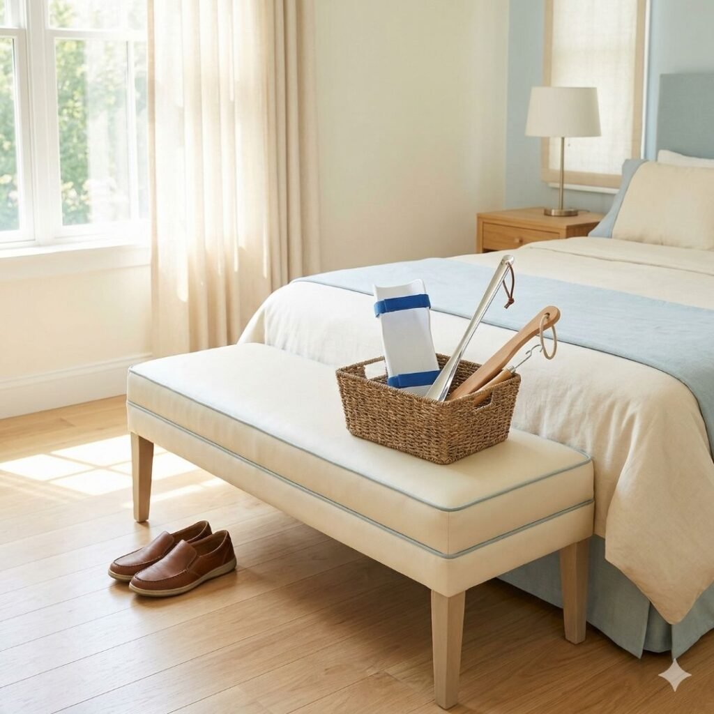 Bedroom dressing station for seniors with sock aids, dressing stick, long-handled shoe horn, and seated bench 