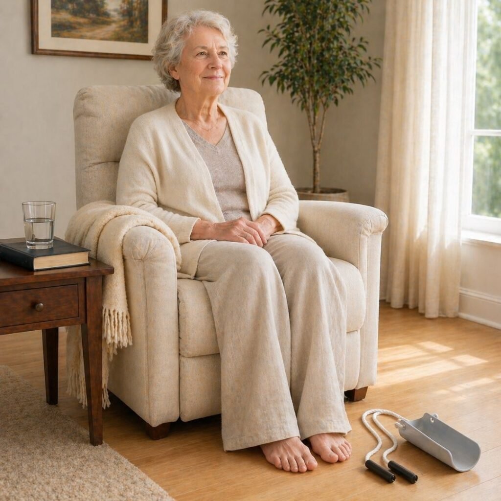 Senior woman seated upright in a cream upholstered recliner during hip replacement recovery with an empty grey plastic sock aid for seniors and a chrome long-handled shoehorn resting on the hardwood floor beside her