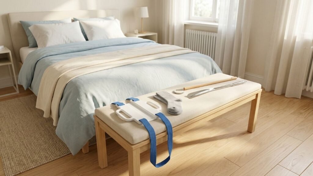 Sock aids for seniors arranged on a bedroom bench with a folded pair of cotton socks and a long-handled shoe horn 