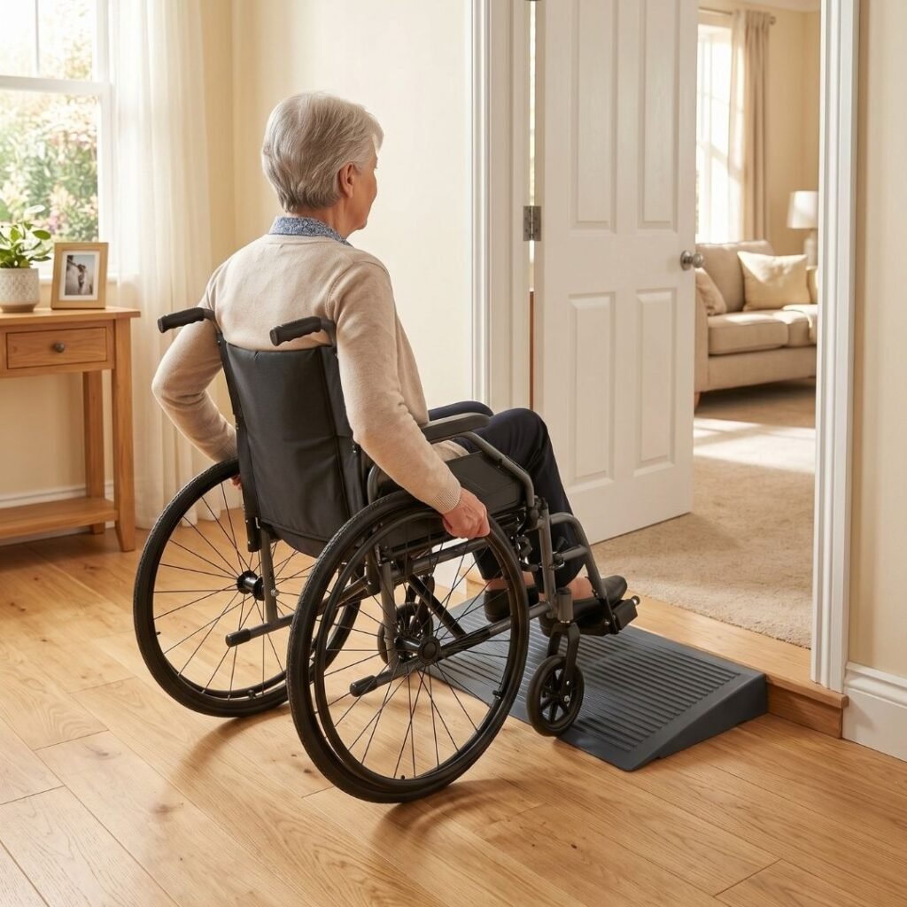 Close-up of a rubber threshold ramp installed at a doorway with a smooth beveled edge on a hardwood floor