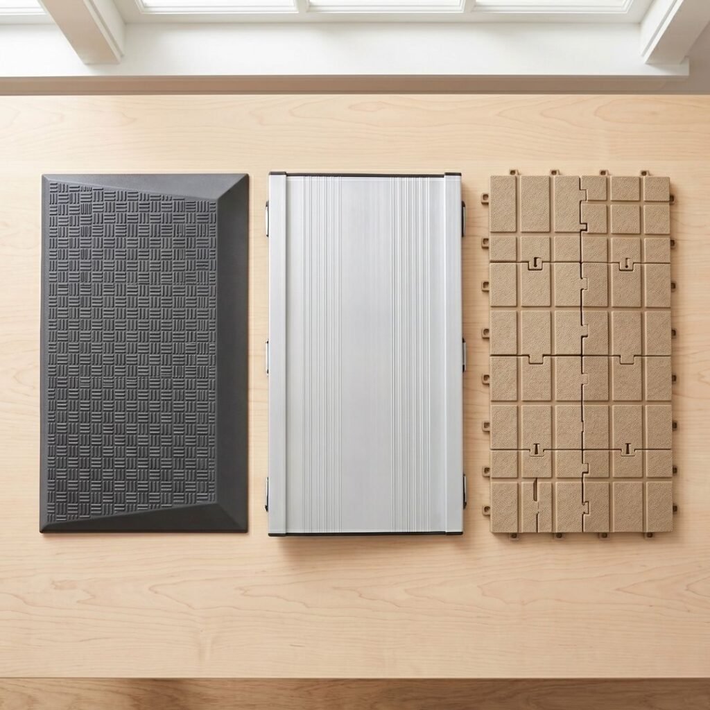 Three types of threshold ramps for doorways — rubber, aluminum, and modular — displayed on a clean surface