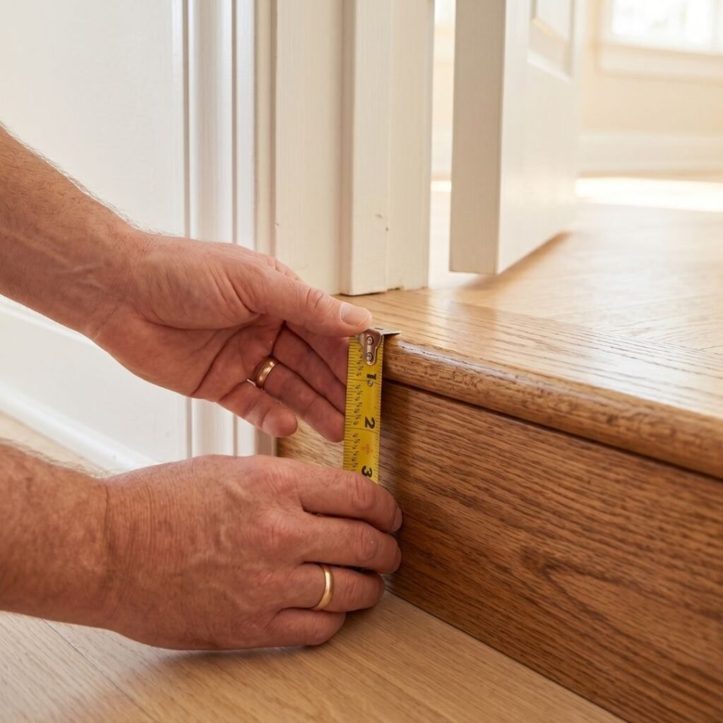 Hands measuring a door threshold height with a tape measure before installing a threshold ramp