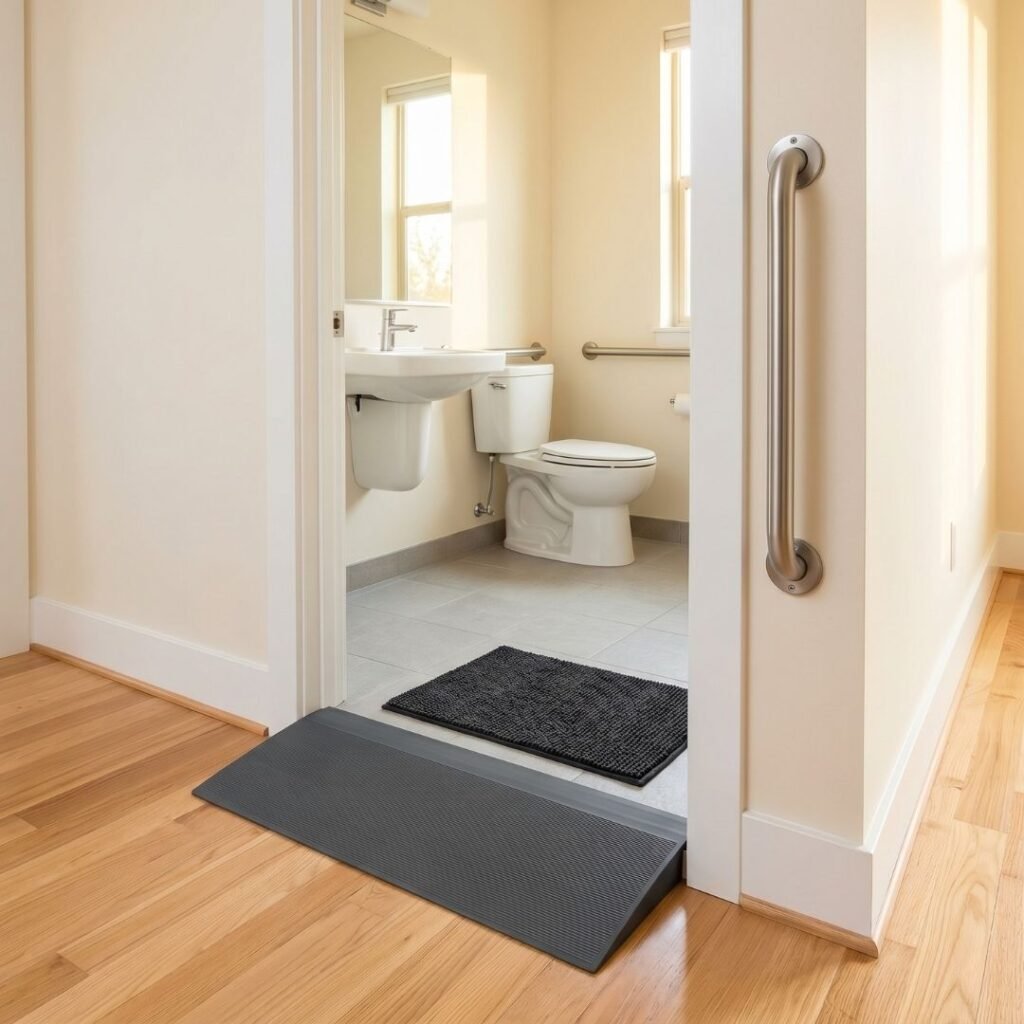 Accessible home entrance with a threshold ramp, grab bar, and non-slip mat creating a safe transition for seniors