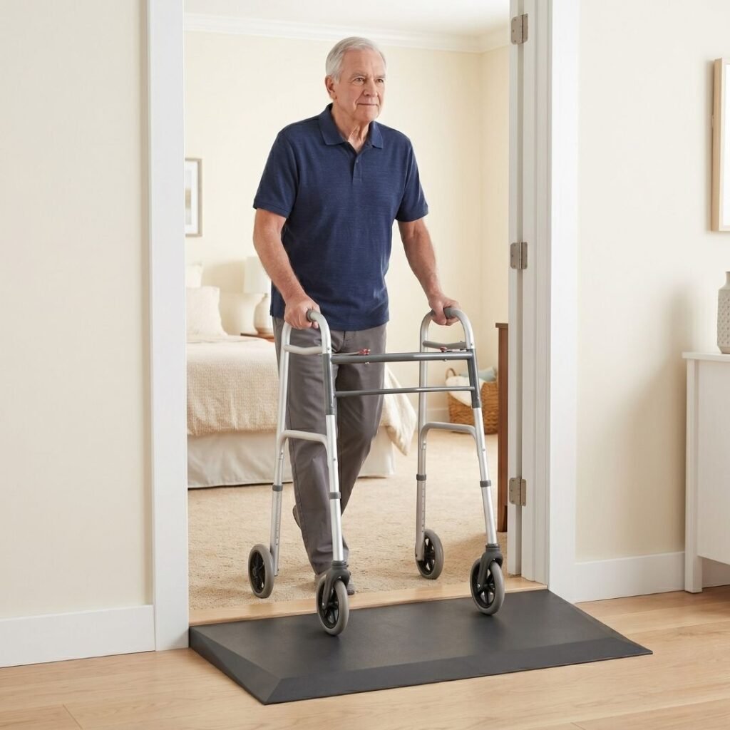 Senior using a rollator walker crossing over a threshold ramp at a doorway safely and independently
