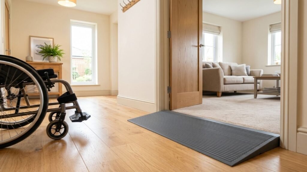 Threshold ramps for doorways installed at a home entrance showing a smooth transition from hallway to living room for wheelchair access