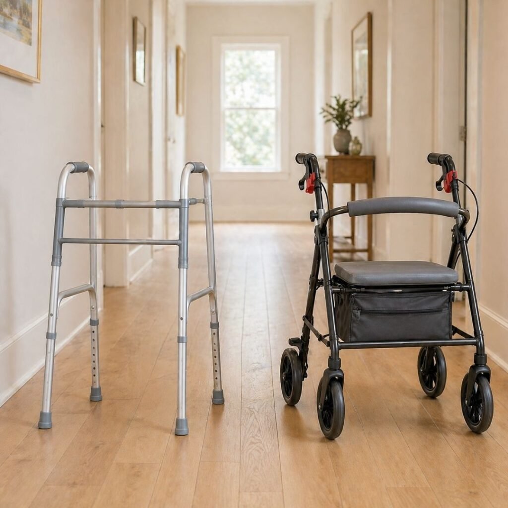 Standard walker and four-wheel rollator placed next to each other in a hallway to compare design and stability