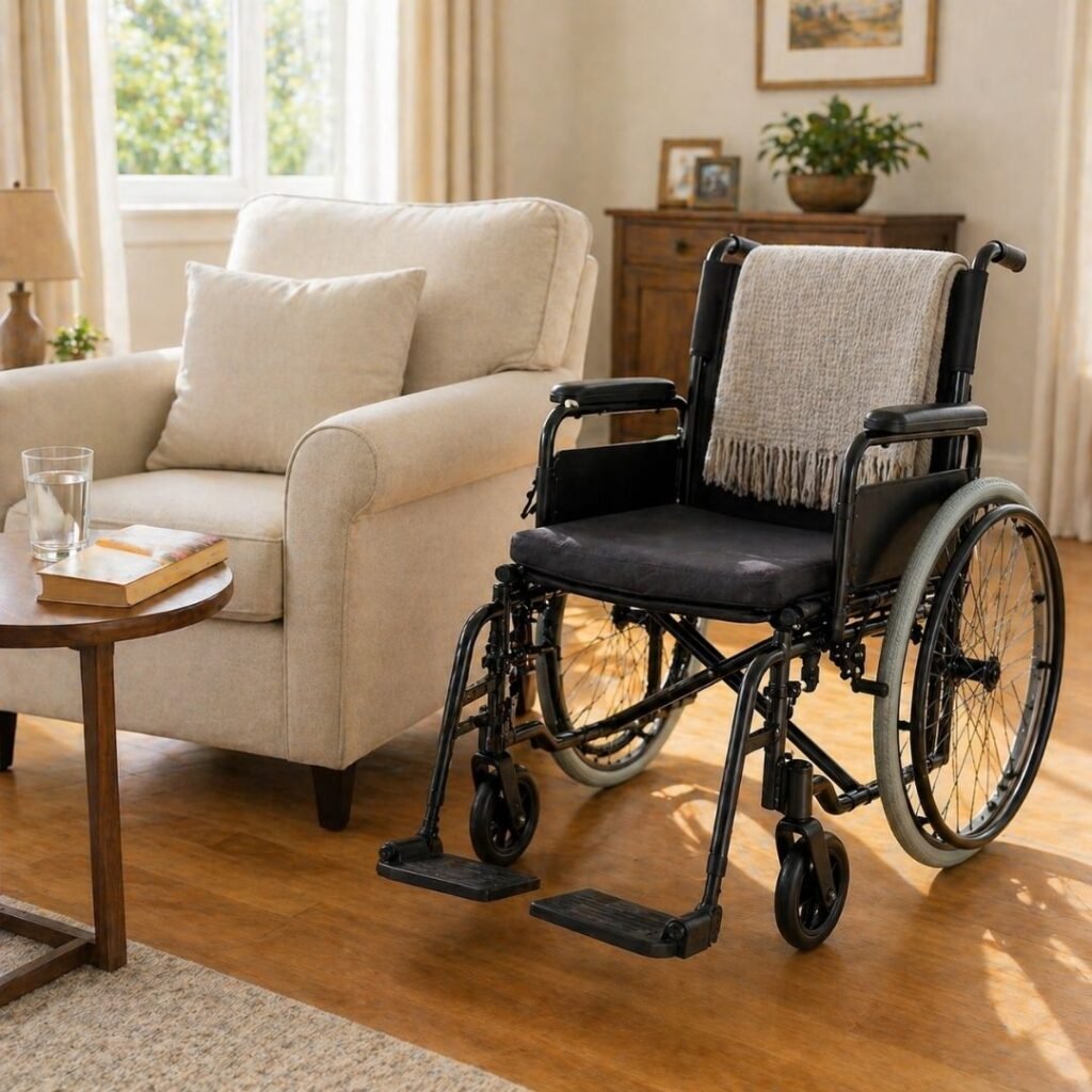 Lightweight manual wheelchair parked beside a comfortable armchair in a sunlit living room as part of a senior's mobility setup
