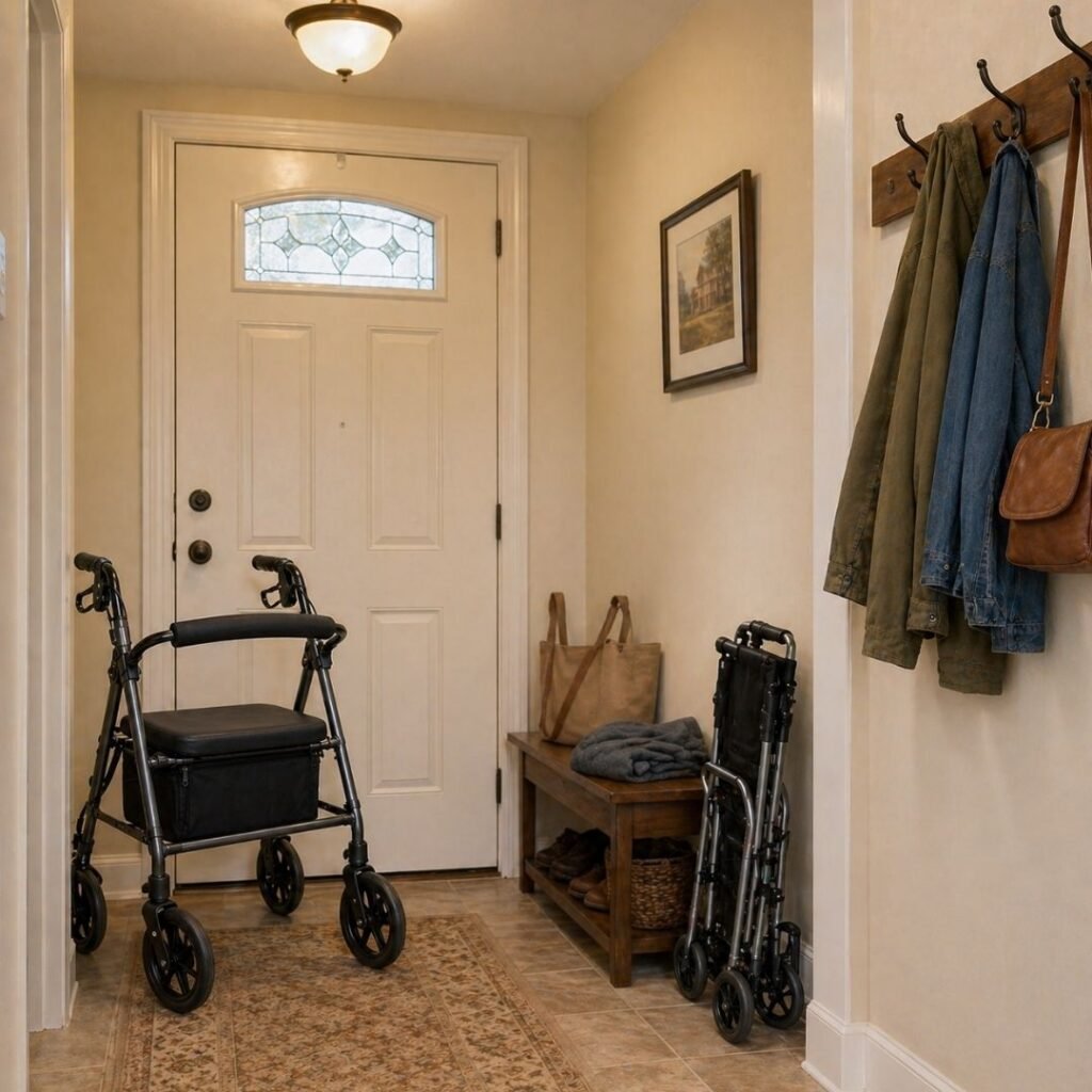 Rollator parked just inside a front door next to a folded transport wheelchair, showing how seniors often combine two mobility aids