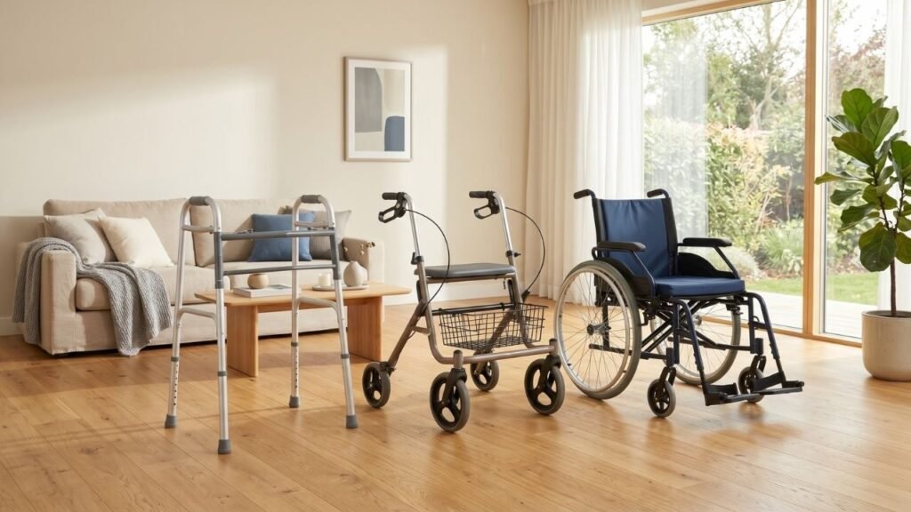 Walker vs rollator vs wheelchair lined up side by side in a bright, clean home interior to show the three main mobility aid options