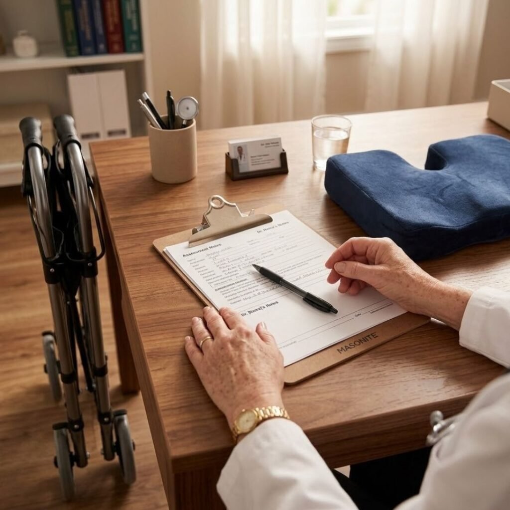 Physician's hands writing notes beside a folded rollator and a padded cushion on a desk