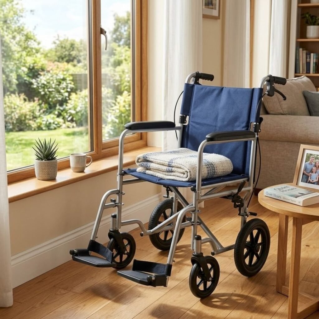 Lightweight transport wheelchair with padded armrests parked beside a sunlit window