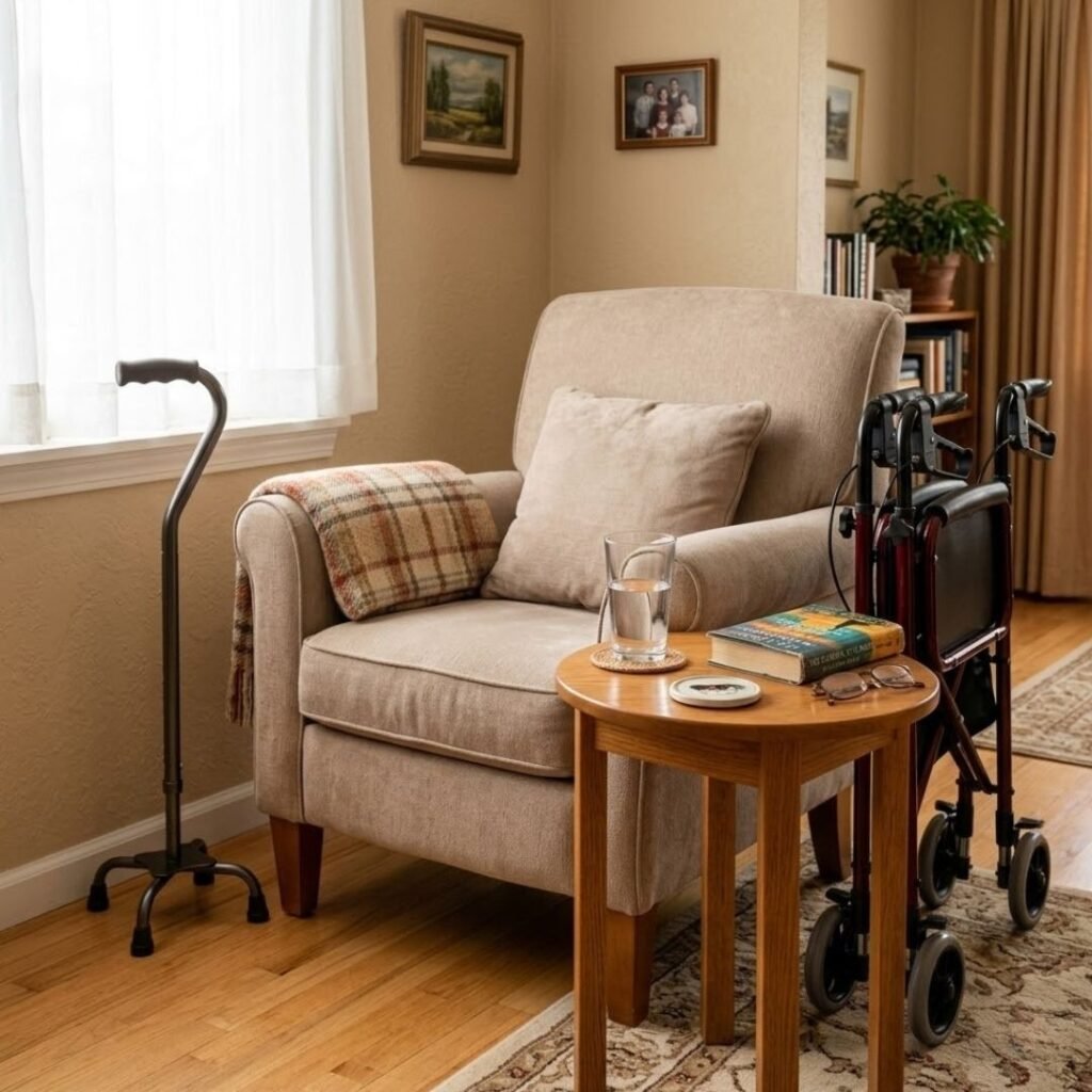Cushion-grip walking cane and folded rollator displayed beside a comfortable armchair in a senior's living room