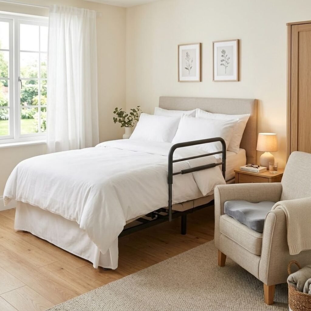 Padded bed rail and memory foam cushion arranged in a bright residential bedroom