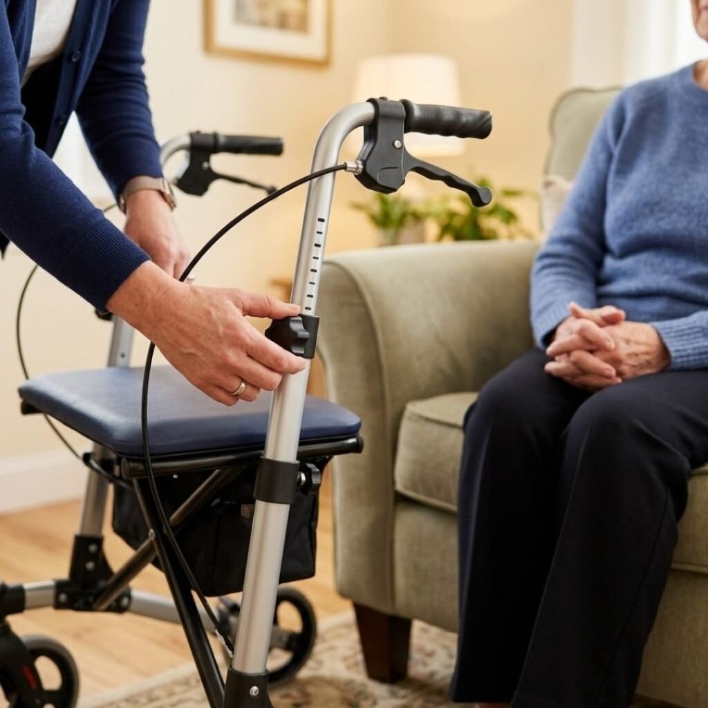 Caregiver's hand gently adjusting a padded rollator handle height for a seated senior in a softly lit room