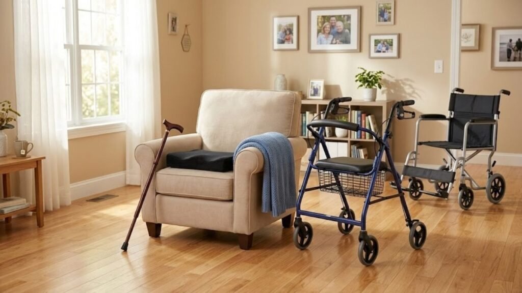 Comfort mobility aids for seniors arranged in a bright living room, including a padded rollator, transport wheelchair, and cushioned cane