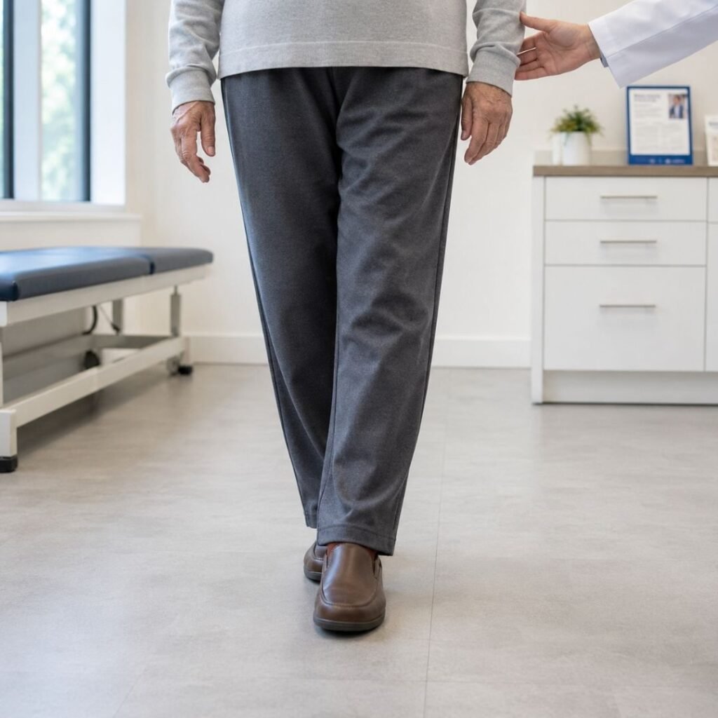 Four-Stage Balance Test in a Fall Risk Assessment Senior in tandem balance position with feet aligned heel-to-toe during a four-stage balance test
