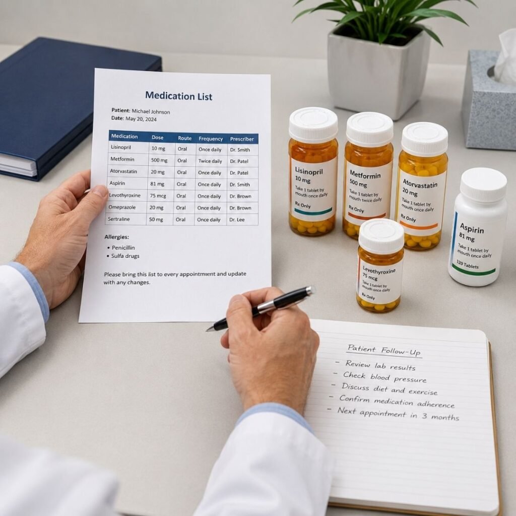 Medication Review in a Fall Risk Assessment for Seniors Physician reviewing a senior's medication list at the clinic desk during a fall risk assessment