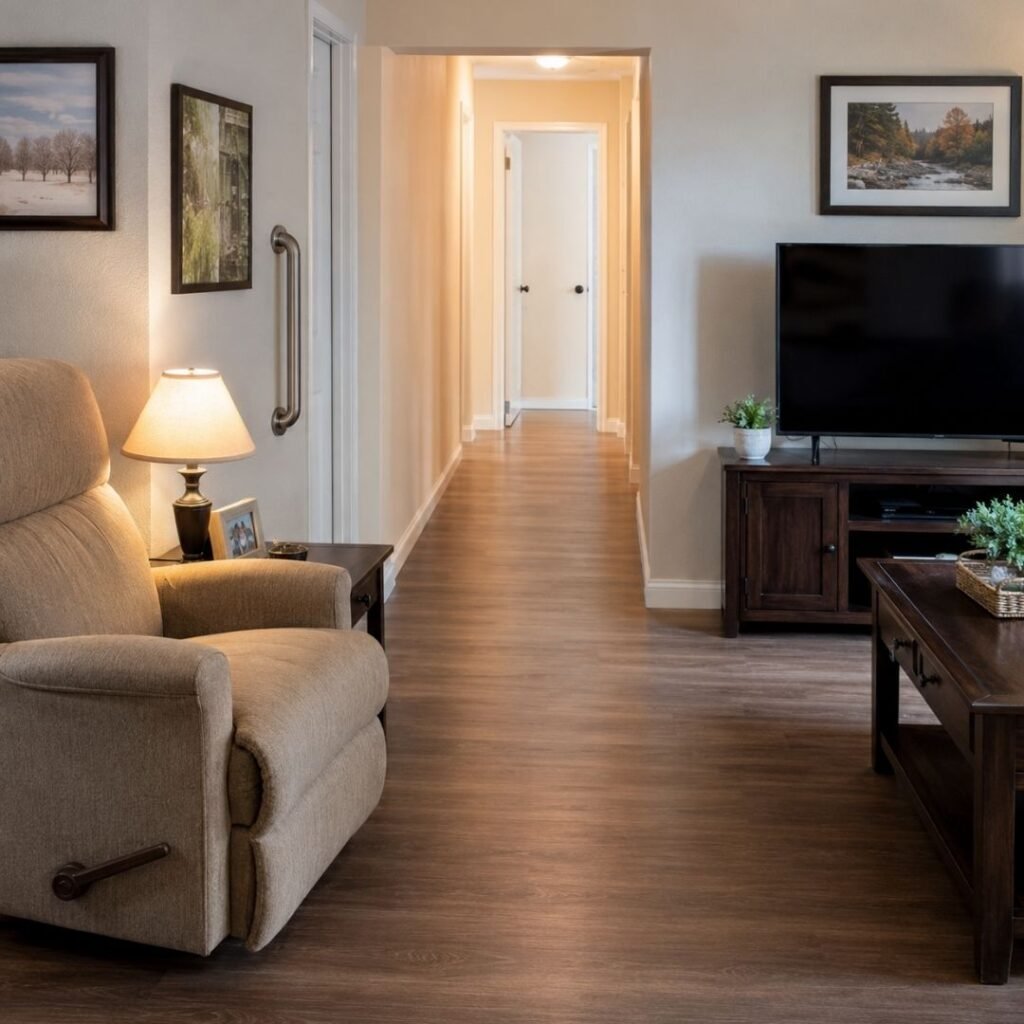 Home Adjustments After a Fall Risk Assessment Senior at home in a brightly lit living room with grab bars and a clear walking path, illustrating home modifications after a fall risk assessment