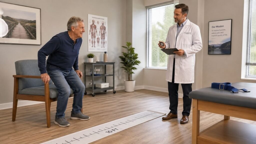Doctor performing a fall risk assessment in seniors using a stopwatch as an older adult rises from a chair in a clinic exam room