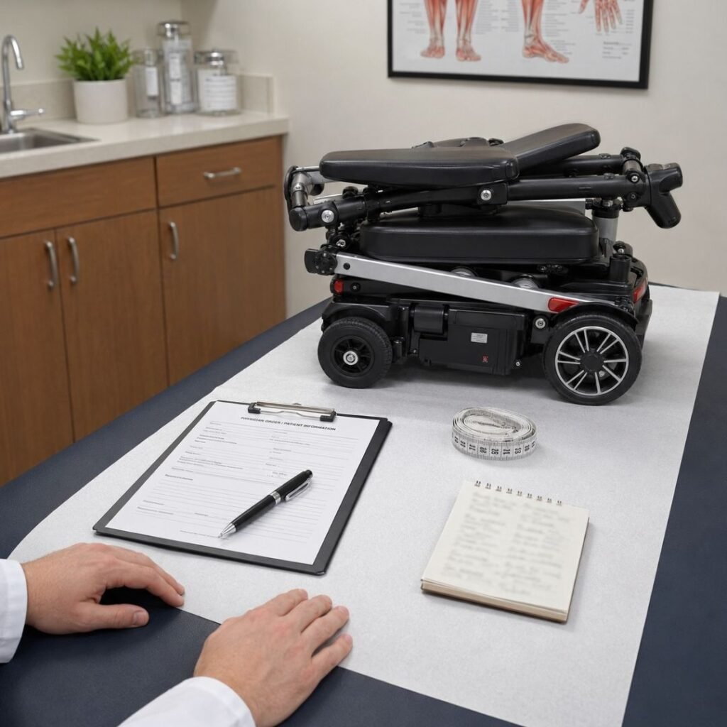 Physician Evaluating a Lightweight Folding Mobility Scooter Physician's clipboard, measuring tape, and folded mobility scooter on an exam-room table