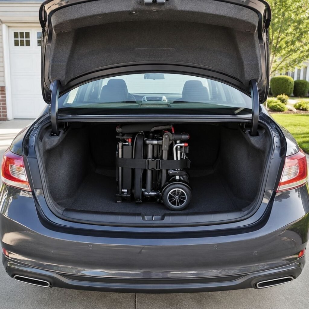 Folded Mobility Scooter Loaded in a Sedan Trunk Lightweight folding mobility scooter loaded into the trunk of a sedan, with the rear seats untouched