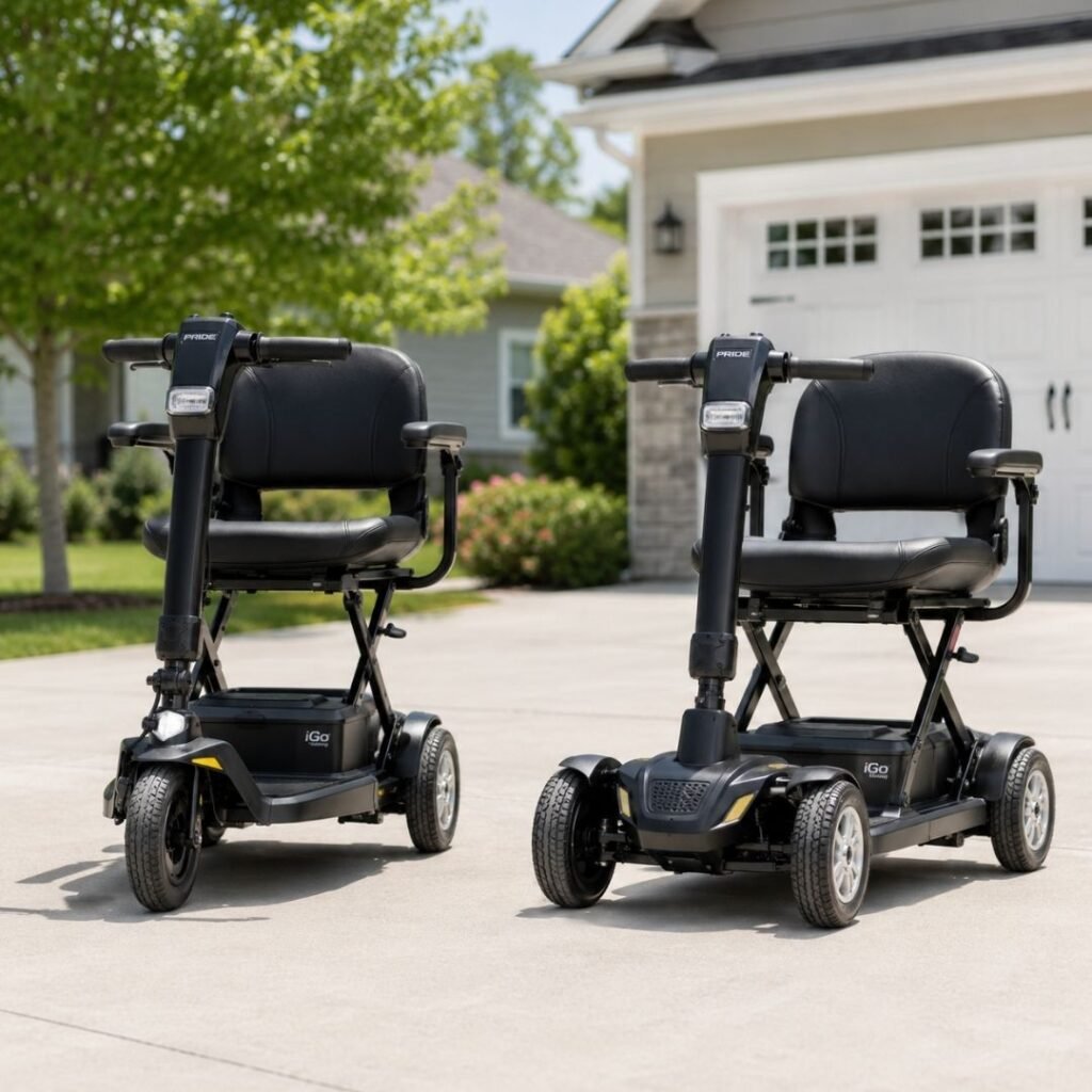 Three-Wheel vs Four-Wheel Folding Scooter Comparison Side-by-side comparison of a three-wheel folding mobility scooter and a four-wheel folding mobility scooter on a clean driveway