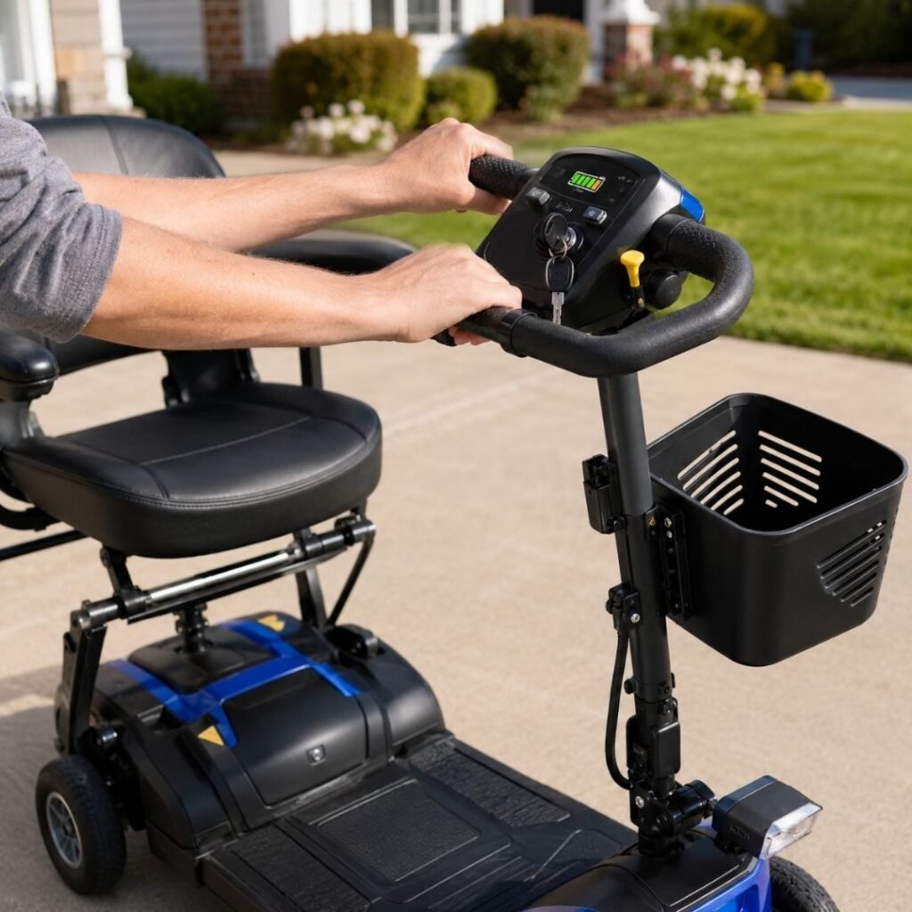 Safe Setup of a Lightweight Folding Mobility Scooter Caregiver's hands gripping the tiller handlebars of a folding mobility scooter while a senior is seated