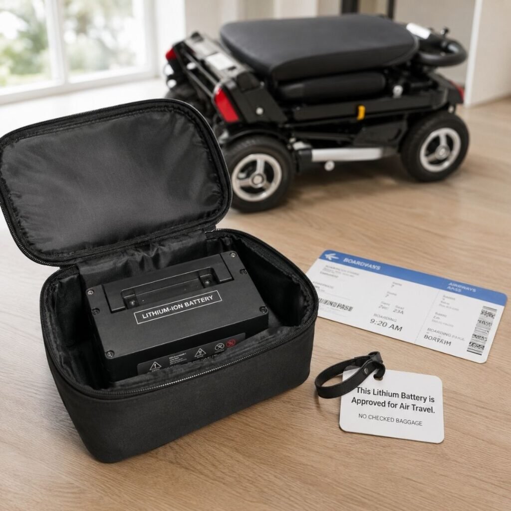 Lithium Battery and Airline Travel for Folding Scooters Lithium-ion battery removed from a folding mobility scooter and resting in a padded travel pouch beside an airline boarding pass