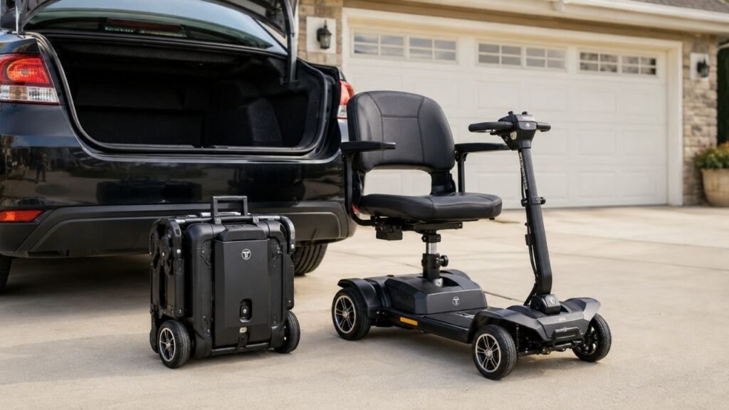 Lightweight folding mobility scooters arranged in a clean driveway, one folded compact and one fully deployed beside a sedan trunk