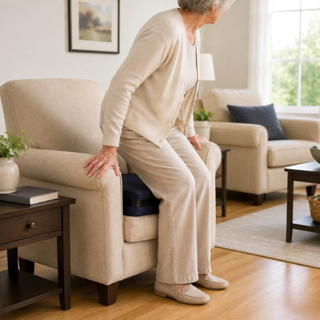 Senior woman pushing up from a beige armchair using a navy blue lift assist cushion to stand without bending her knees fully
