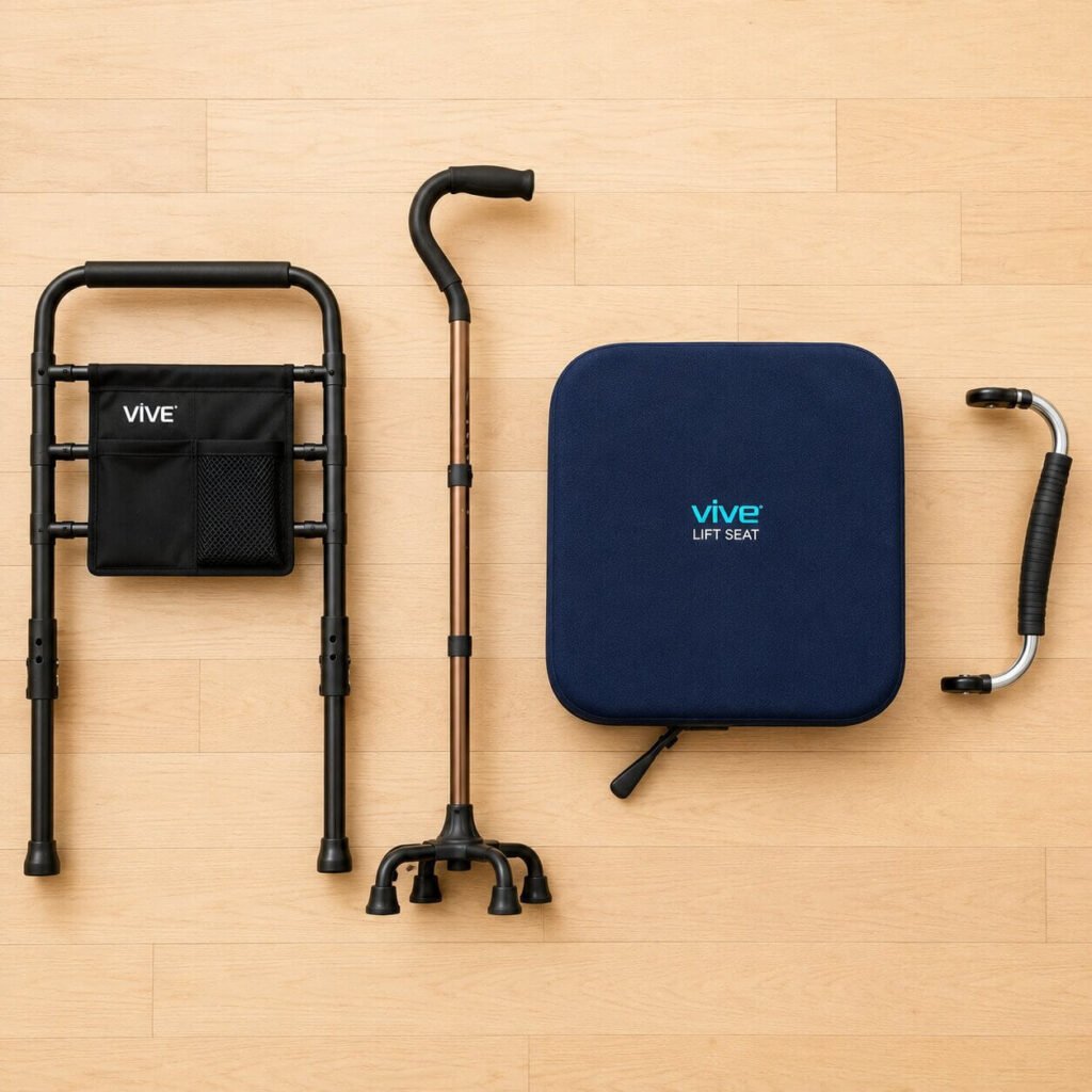 Four common transition mobility aids for weak legs displayed side by side — bed assist rail, couch cane, electric lift cushion, and car door handle